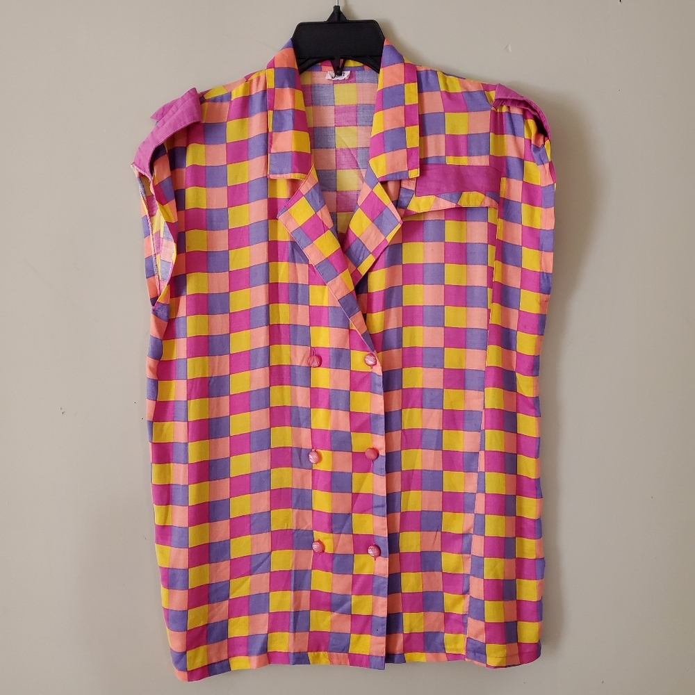 Vintage Pink Yellow Purple Check Sleeveless Top